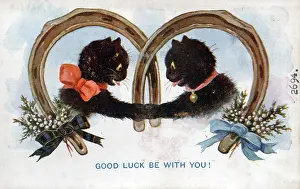 Horseshoes: Comic postcard, Two black cats on Good Luck card