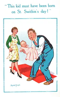 Fatherhood: Comic postcard, born on St Swithin's Day