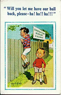 Nudist: Comic postcard, Boy asks nudists to return lost ball