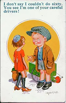 Kart: Comic postcard, Boy and girl with go-kart