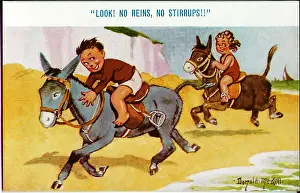Stirrups: Comic postcard, Boy and girl riding donkeys on beach
