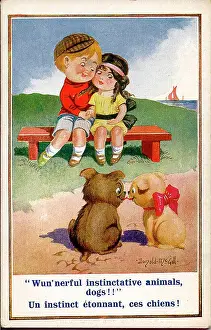 Instinctive: Comic postcard, Boy and girl sitting on a bench