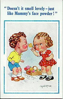 Sniff: Comic postcard, Boy and girl smelling roses
