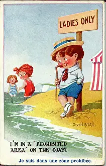 Restriction: Comic postcard, Boy and two girls the beach, WW1