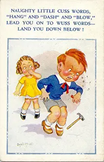 Cursing: Comic postcard, Boy swearing in front of girl