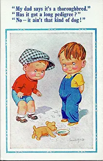 Aint: Comic postcard, Two boys discuss puppy