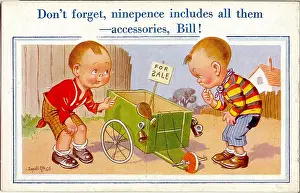 Ninepence: Comic postcard, Two boys, go-kart for sale