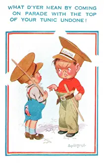Bossy: Comic postcard, Two boys playing at soldiers, WW2