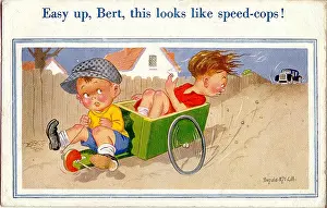 Kart: Comic postcard, Two boys speeding in a go-kart