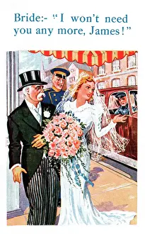 Dismissing: Comic postcard, Bride dismissing chauffeur