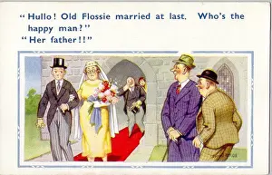 Unattractive: Comic postcard, Bride and groom leaving church