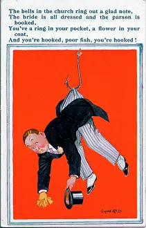 Predicament: Comic postcard, Bridegroom hanging on a hook