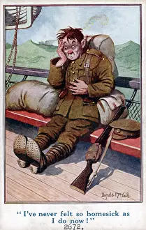 Homesick: Comic postcard, British soldier homesick, WW1