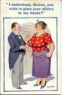 Pinstripes: Comic postcard, Busty woman and solicitor