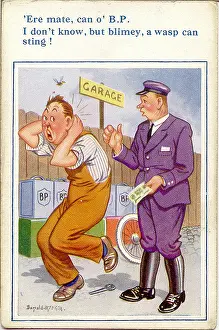 Misunderstanding: Comic postcard, Chauffeur buying petrol