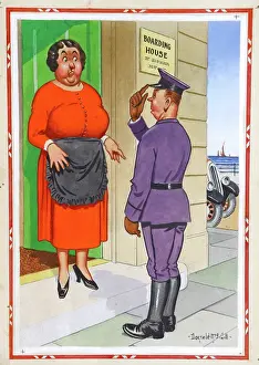 Booking: Comic postcard, Chauffeur and seaside landlady