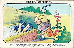 Plantpots: Comic postcard, Two children in a garden