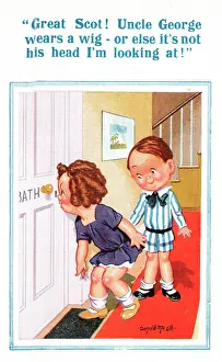 Nosy: Comic postcard, Children peeping through bathroom keyhole