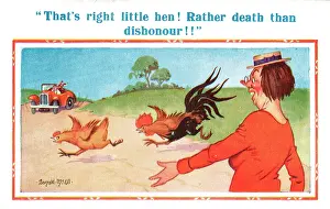 Frump: Comic postcard, cockerel chasing hen across the road