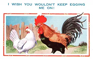 Flirty: Comic postcard, cockerel and hen flirtation