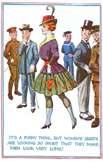 Appreciation: Comic postcard commenting on the length of women's skirts