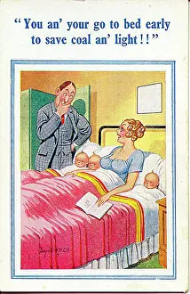 Triplets: Comic postcard, Couple with three babies