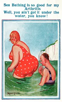 Arthritis: Comic postcard, couple bathing in the sea