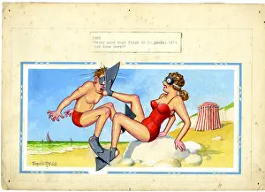 Flippers: Comic postcard, Couple on the beach in flippers
