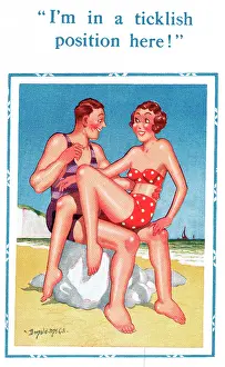 Comic postcard, Couple on the beach - ticklish position