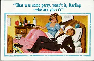 Bedfellows: Comic postcard, Couple in bed - who are you?