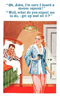 Squeaky: Comic postcard, couple in bedroom, squeaky mouse