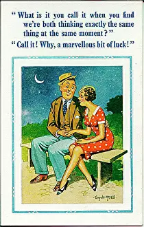 Telepathy: Comic postcard, Couple on a bench at night