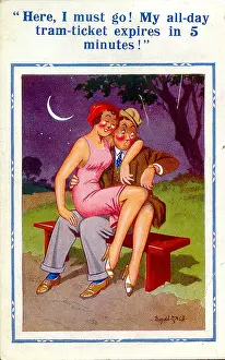 Expires: Comic postcard, Couple on a bench at night