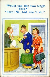 Booking: Comic postcard, Couple booking into hotel