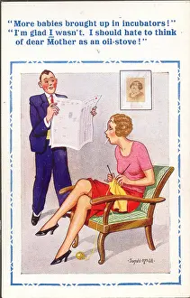 Incubator: Comic postcard, Couple discussing incubators for babies