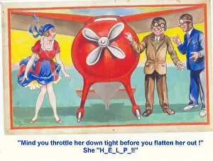 Flatten: Comic postcard, Couple about to fly in a monoplane
