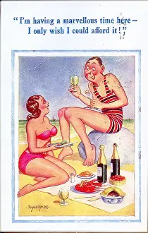 Marvellous: Comic postcard, Couple having picnic on the beach