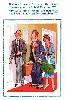 Booking: Comic postcard, Couple on their honeymoon