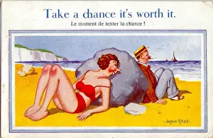Unattractive: Comic postcard, Couple leaning on a rock at the seaside