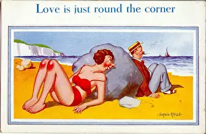 Unattractive: Comic postcard, Couple leaning on a rock at the seaside