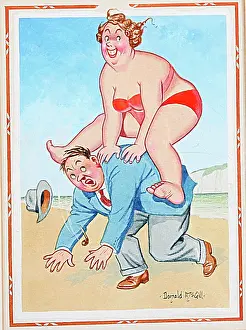Comic postcard, Couple leapfrogging on the beach