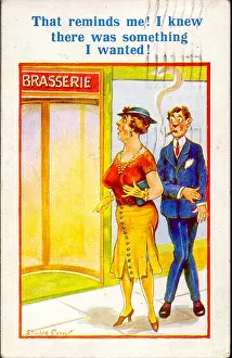 Reminds: Comic postcard, Couple outside brasserie