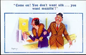 Frump: Comic postcard, Couple passing shop window