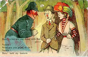Wimp: Comic postcard, Couple and policeman in a park