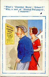 Misunderstanding: Comic postcard, Couple reading concert poster