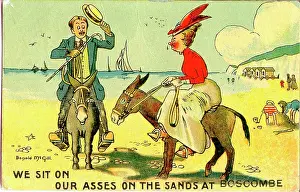 Frump: Comic postcard, Couple riding donkeys on the beach