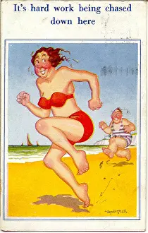 Chaste: Comic postcard, Couple running on the beach