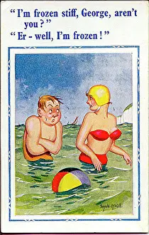 Shivering: Comic postcard, Couple in the sea on a cold day