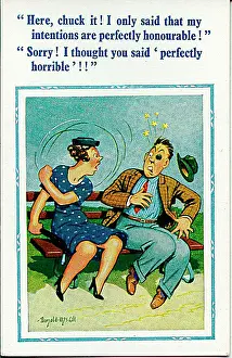 Misheard: Comic postcard, Couple sitting on a bench