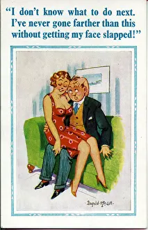 Inexperienced: Comic postcard, Couple on a sofa